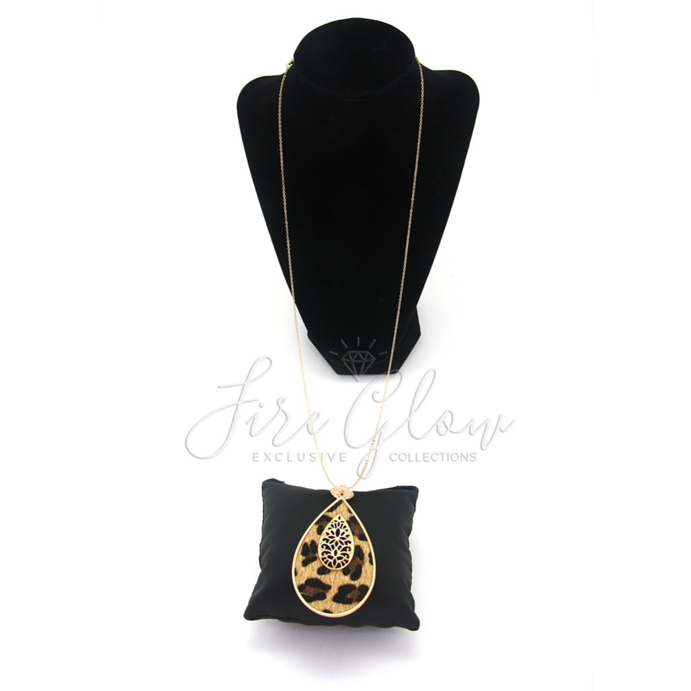 Gold Tone Teardrop Necklace Faux Fur Leopard Print - Picture 5 of 7